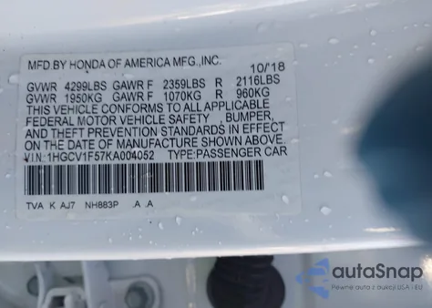 2019 Honda Accord Ex-L from USA, damaged, VIN 1HGCV1F57KA004052